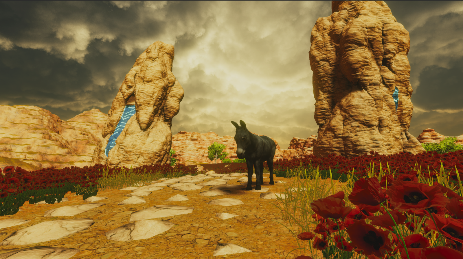 Ein Esel steht mit gesenktem Blick zwischen zwei Felsen in einer Mohnwiese. Der Himmel ist bewölkt.